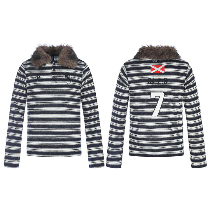 Women's Striped Long Sleeve Polo Shirt with Faux Fur Collar Mune Fashion