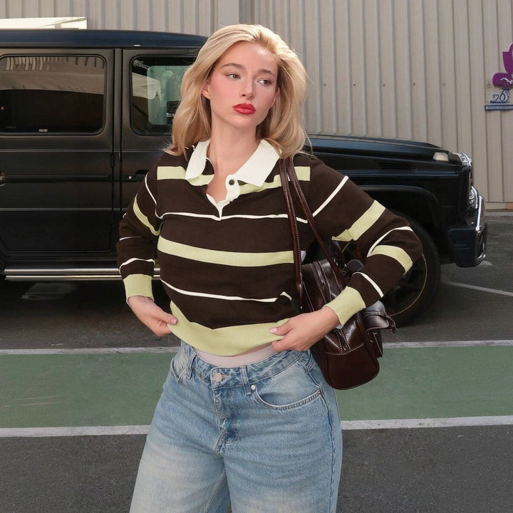 Women's Striped Rugby Sweater with Polo Collar and Ribbed Cuffs Mune Fashion