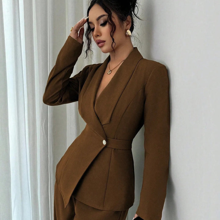 Women's tailored business blazer with shawl collar, belt waist and single-button closure Mune Fashion