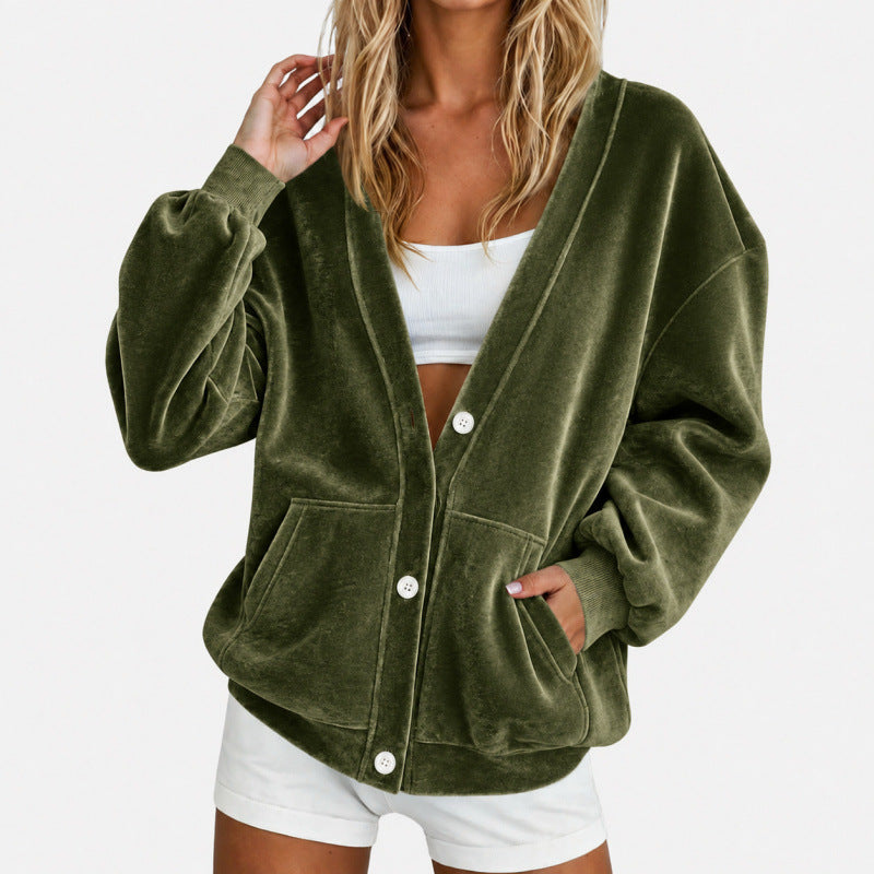 Women's Oversize Relax Cardigan made of velour with button placket and side pockets Mune Fashion