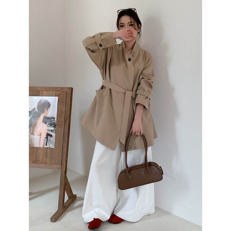 Ladies Short Oversized Coat with Tie Belt, Wide Flap Pockets and Casual Shoulder Mune Fashion