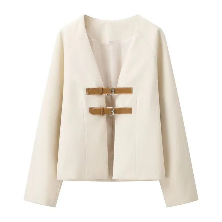 Women's cropped jacket with V-neck, double buckle closure, and boxy silhouette Mune Fashion