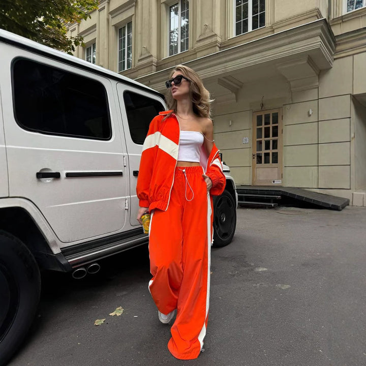 Women's Two-Piece Oversized Windbreaker Set with Contrast Stripes, Elastic Hem and Drawstring Pants Mune Fashion