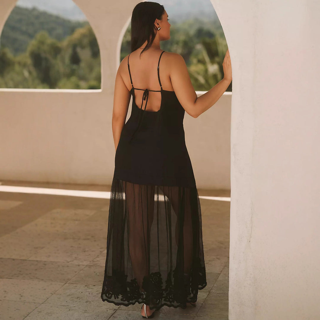 Ladies two-piece maxi dress with V-neck, spaghetti straps, and transparent tulle skirt Mune Fashion