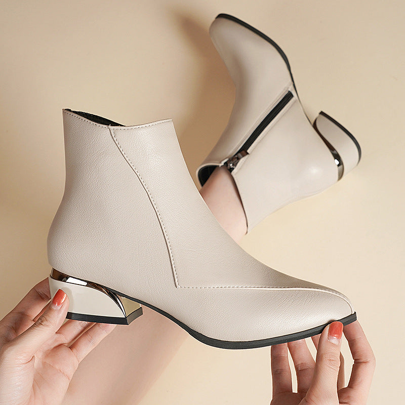 Women's elegant short ankle boots with pointed toe, side zipper, and metallic block heel Mune Fashion
