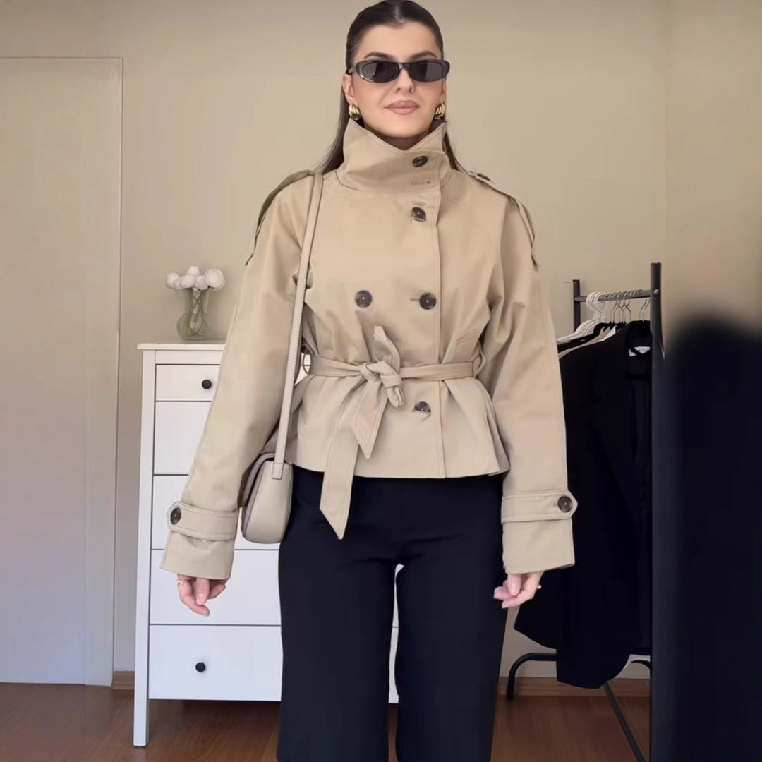 Women's 400+ short fitted trench jacket with stand-up collar, double-breasted button placket and belt Mune Fashion