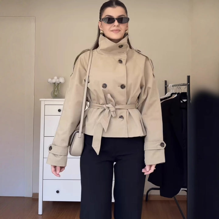 Women's 400+ short fitted trench jacket with stand-up collar, double-breasted button placket and belt Mune Fashion