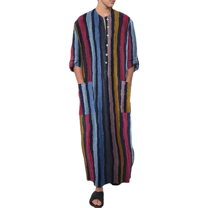 Men's ankle-length striped linen blend kaftan with stand-up collar and patch waist pockets Mune Fashion