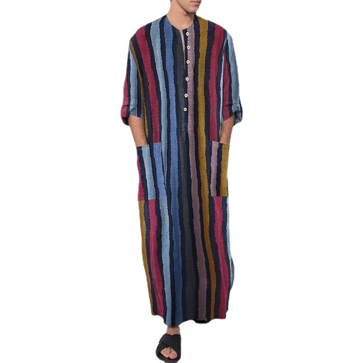 Men's ankle-length striped linen blend kaftan with stand-up collar and patch waist pockets Mune Fashion