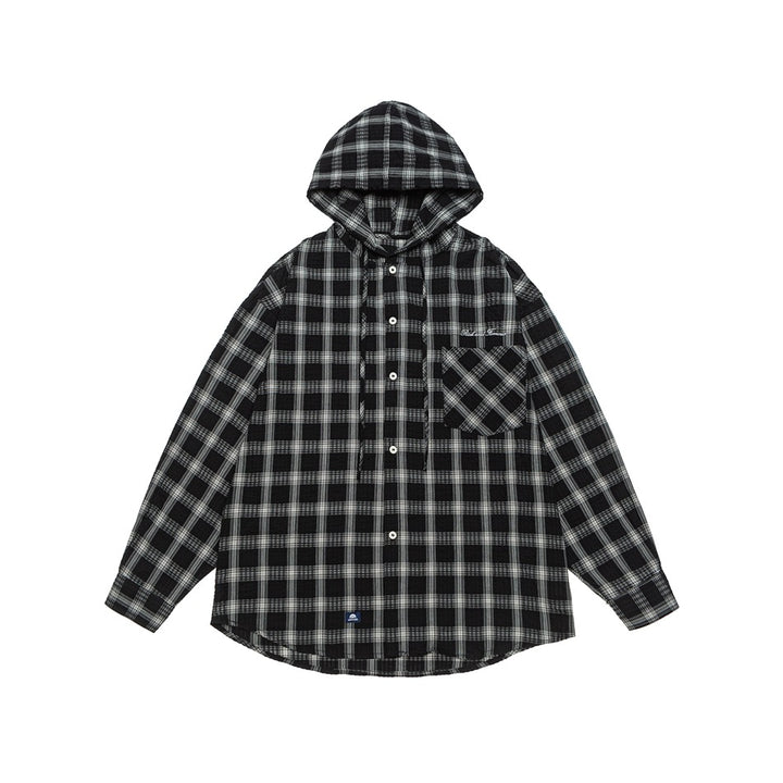Unisex Hooded Overshirt in Checkered Flannel Look with Chest Pocket and Button Placket Mune Fashion