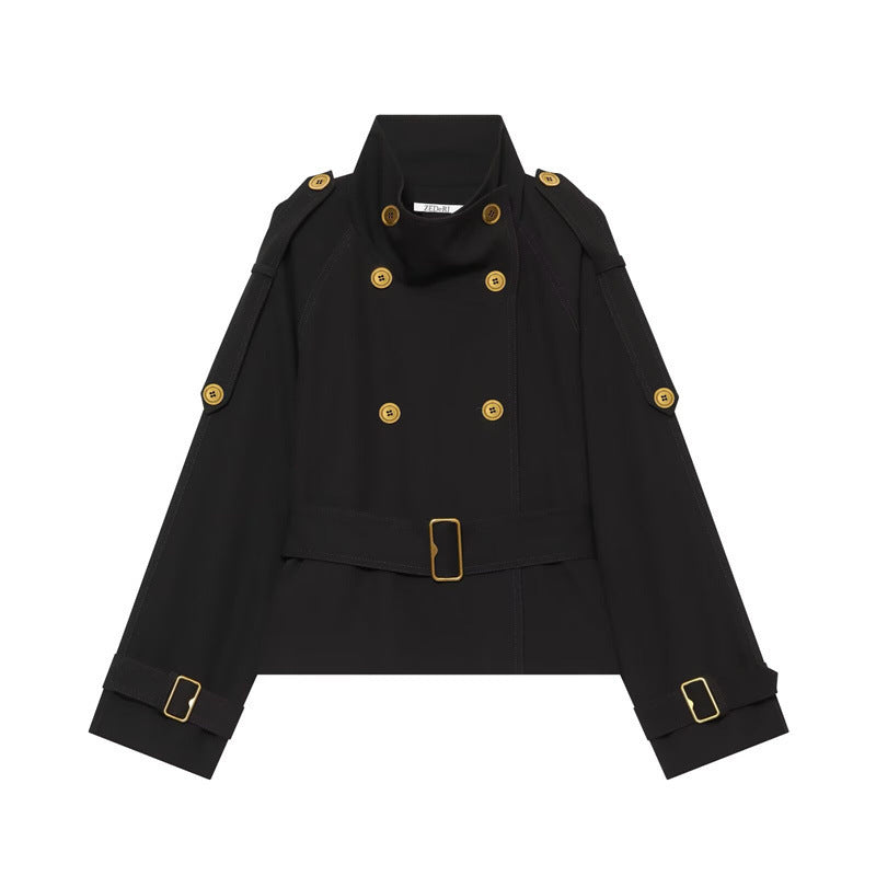 Women's Short Double-Breasted Trench Coat with Waistbelt, Epaulettes and Gold-Colored Details Mune Fashion