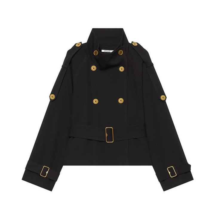 Women's Short Double-Breasted Trench Coat with Waistbelt, Epaulettes and Gold-Colored Details Mune Fashion