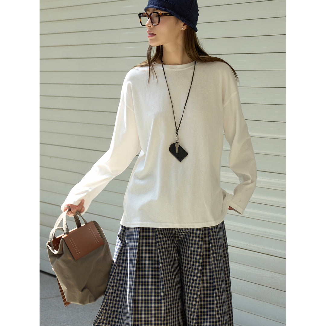 Ladies Loose Cotton Long Sleeve with Dropped Shoulder and Round Neck Mune Fashion
