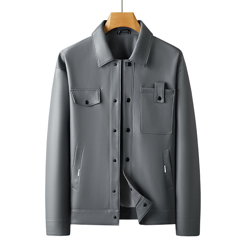 Men's Faux Leather Overshirt Jacket with Utility Chest Pocket and Snap Button Placket Mune Fashion