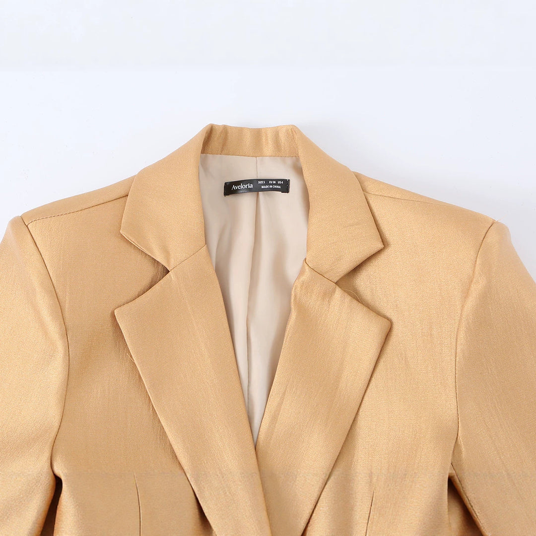 Ladies Tailored Satin Blazer with Drawstring, Revers Collar and Casual Silhouette Mune Fashion