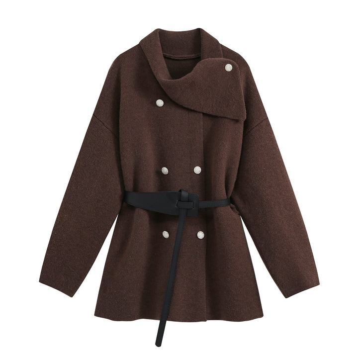 Women's Short Blouson Coat in Cocoon Cut with Asymmetrical Shawl Collar and Waist Belt Mune Fashion