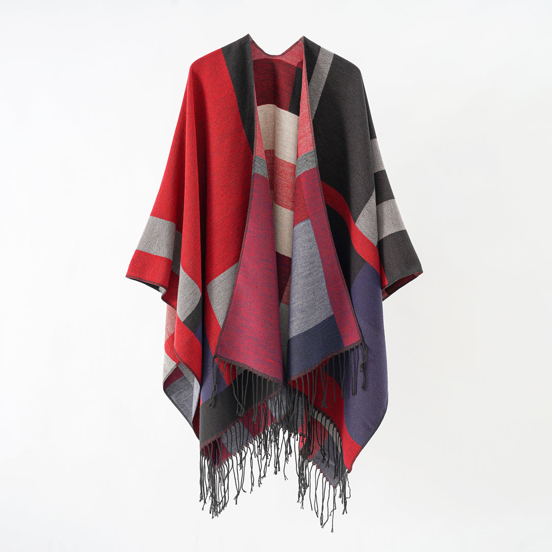 Women's jacquard wrap poncho in cape cut with fine fringe hem Mune Fashion