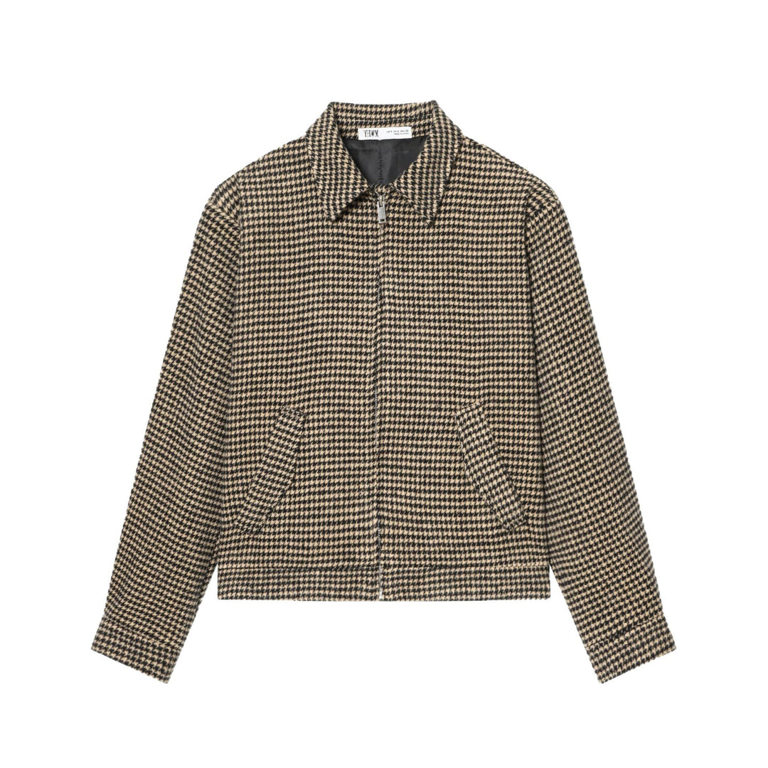Women Boxy Short Jacket made of Wool Blend with Houndstooth Pattern, Zipper and Shirt Collar Mune Fashion