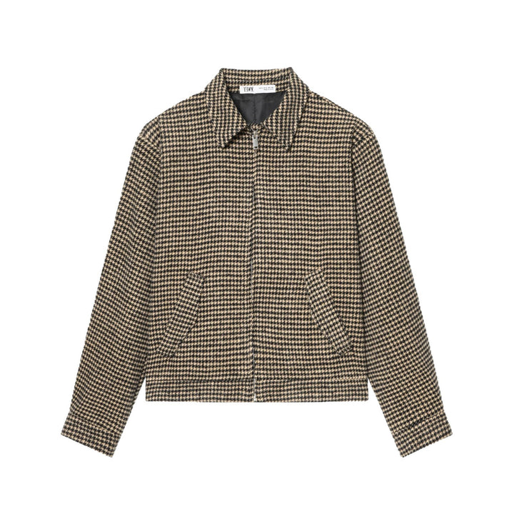 Women Boxy Short Jacket made of Wool Blend with Houndstooth Pattern, Zipper and Shirt Collar Mune Fashion