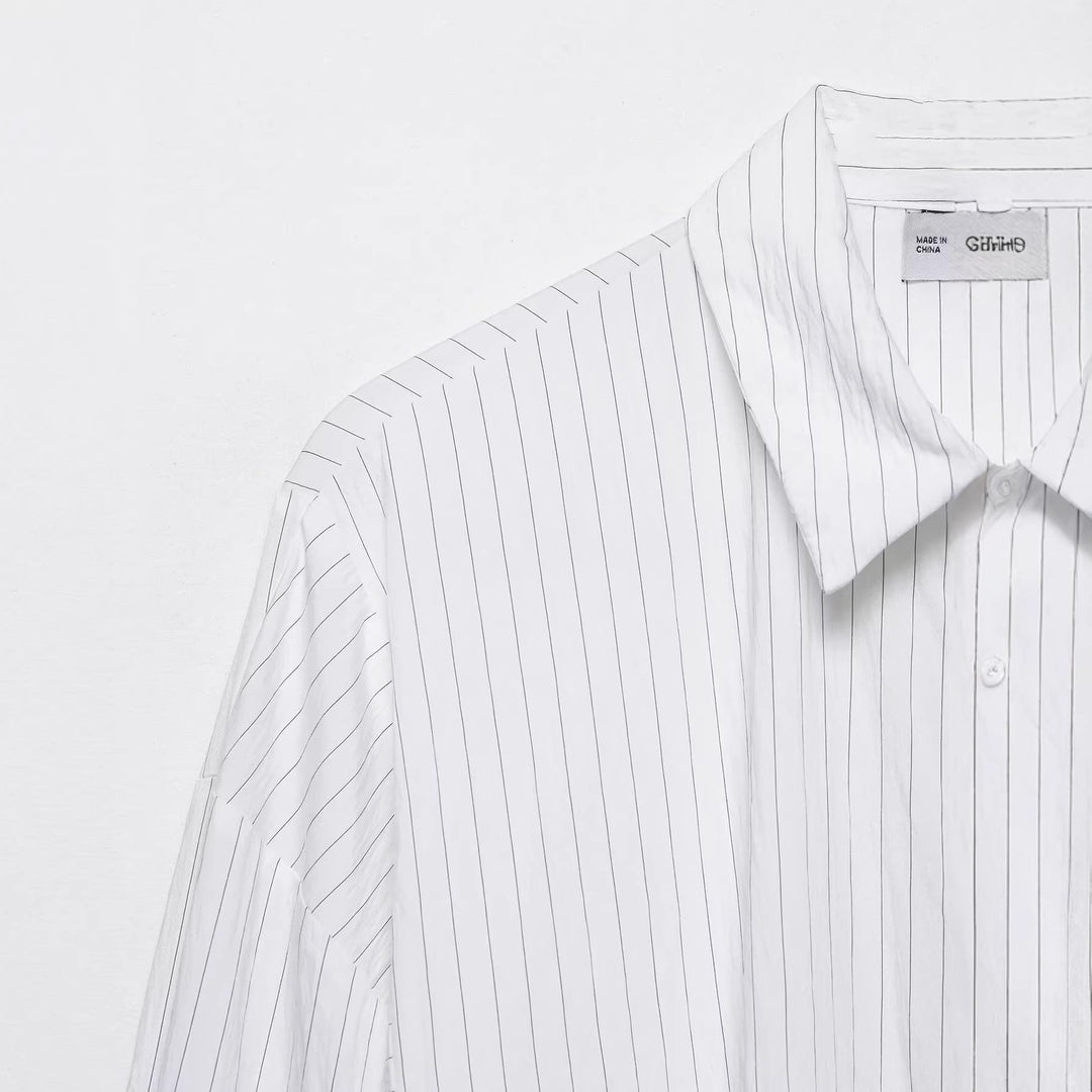 Women's Oversize Shirt Blouse with Pinstripes and Extended Back Hem Mune Fashion