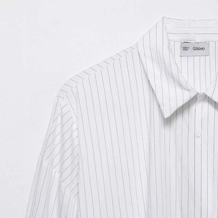 Women's Oversize Shirt Blouse with Pinstripes and Extended Back Hem Mune Fashion