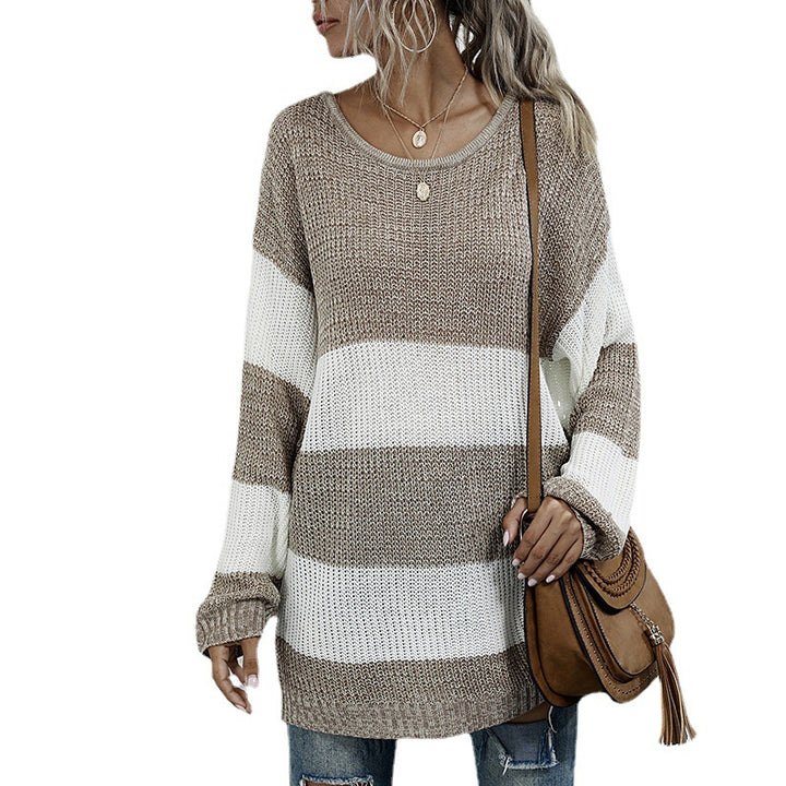 Ladies Oversize Long Sweater with Block Stripes and Round Neckline Mune Fashion