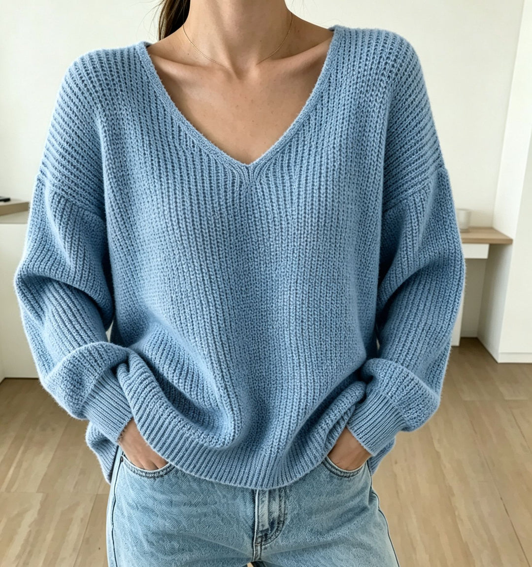 Women's Casual Boxy Chunky Knit Sweater with V-Neck and Ribbed Cuffs Mune Fashion