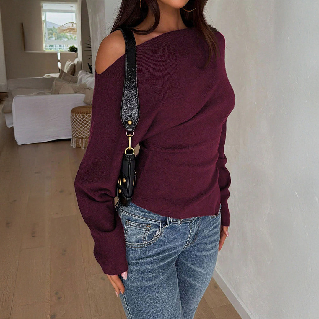 Ladies off-shoulder fine knit sweater with asymmetrical cut-out, fitted silhouette and wide sleeves Mune Fashion