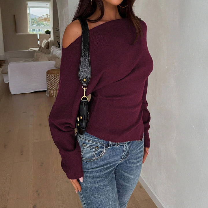 Ladies off-shoulder fine knit sweater with asymmetrical cut-out, fitted silhouette and wide sleeves Mune Fashion