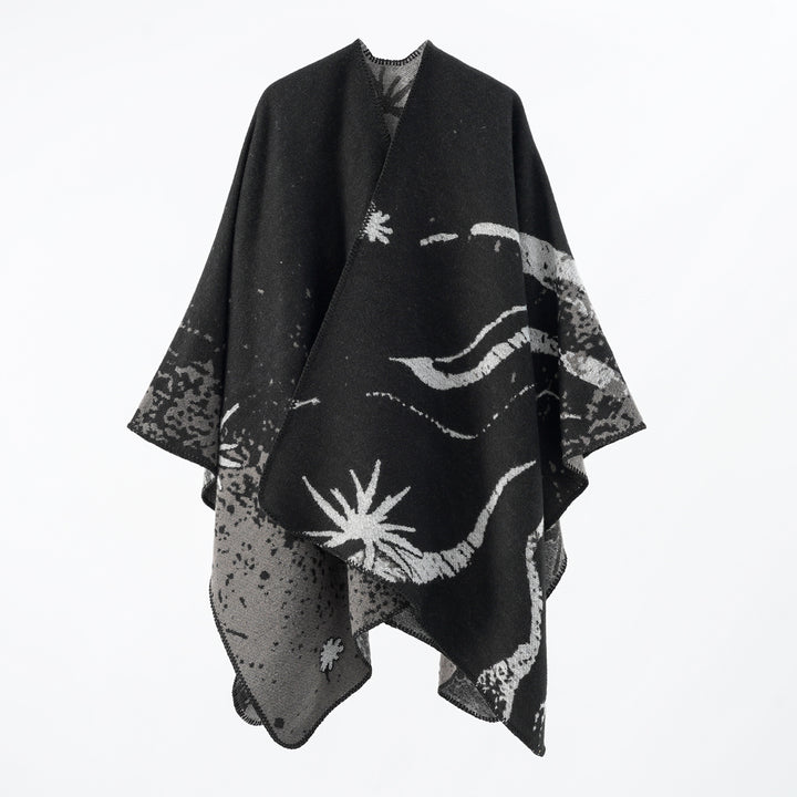 Women's Oversized Jacquard Wrap Cape made of fine knit with asymmetrical hem Mune Fashion