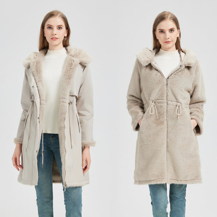 Women's tailored long thermal parka with faux fur trim on hood and sleeves as well as drawstring waist Mune Fashion