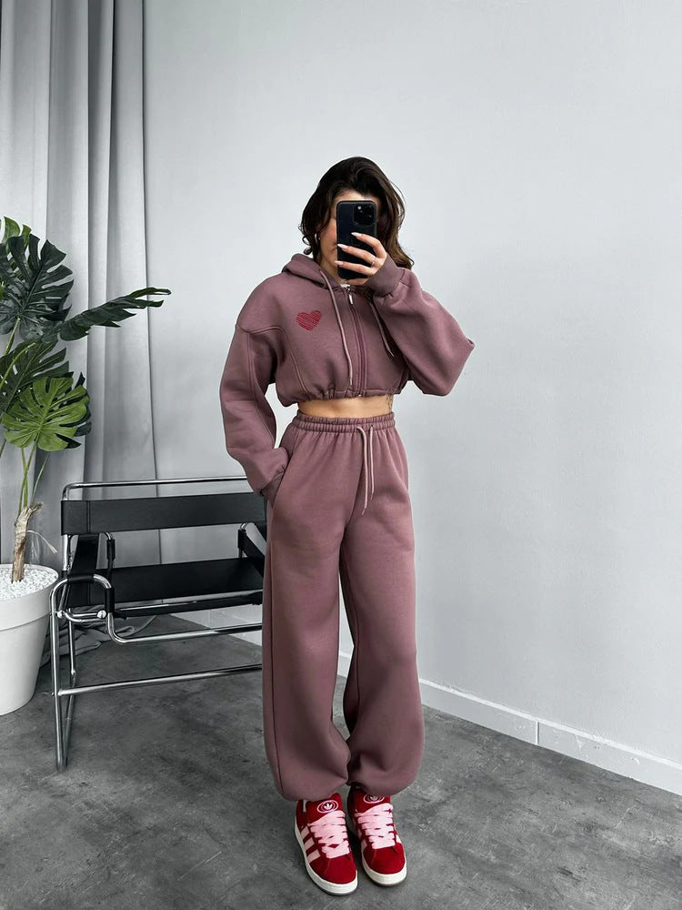 Ladies Cropped Hooded Zip Set with Heart Embroidery and Wide High-Waist Jogging Pants Mune Fashion
