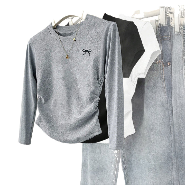 Women's ruched long sleeve shirt with subtle bow embroidery and fitted draping Mune Fashion