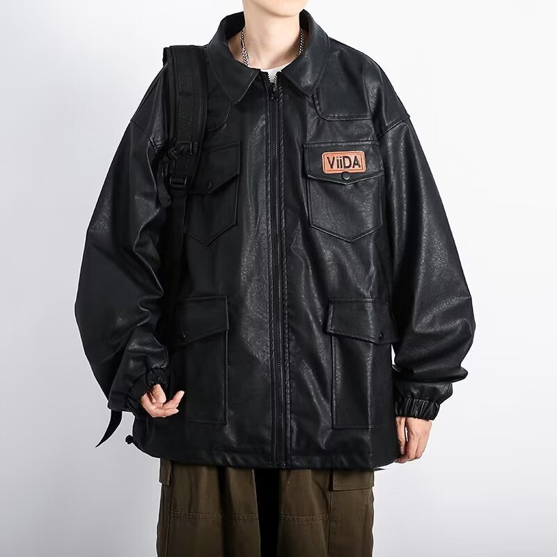Unisex Oversized Utility Faux Leather Jacket with Multiple Flap Pockets Mune Fashion
