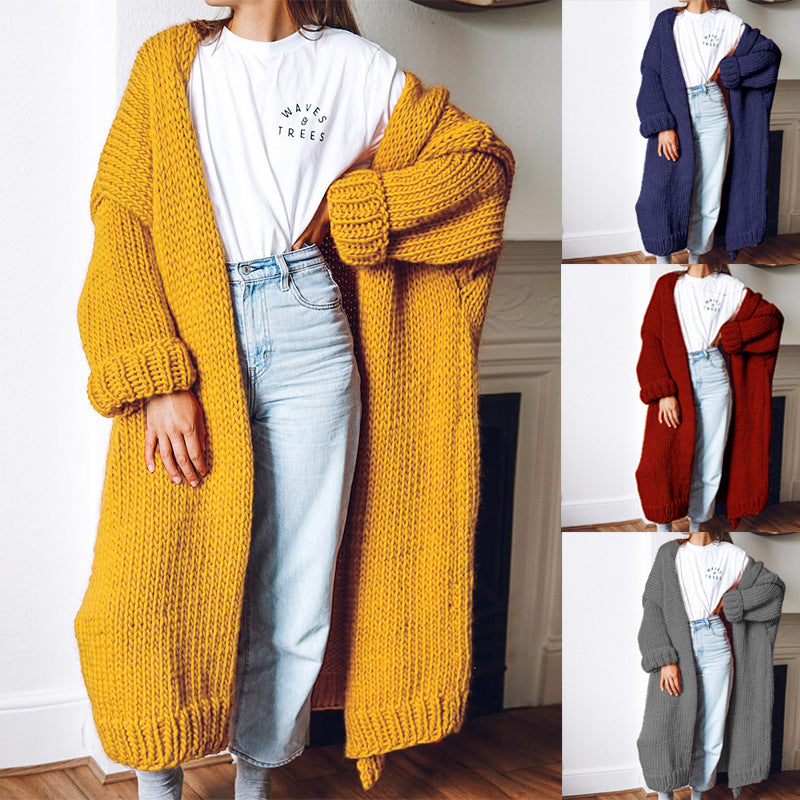 Women Oversize Maxi Chunky Knit Cardigan with Open Front and Voluminous Sleeves Mune Fashion