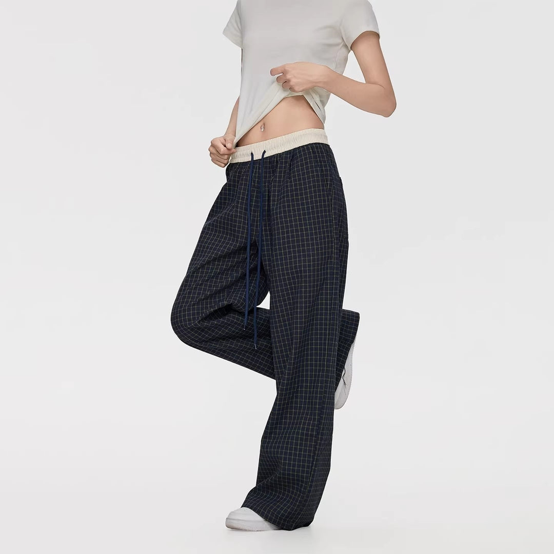 Ladies Wide Relaxed Lounge Pants with Drawstring Waist, Checkered Pattern & Pockets Mune Fashion