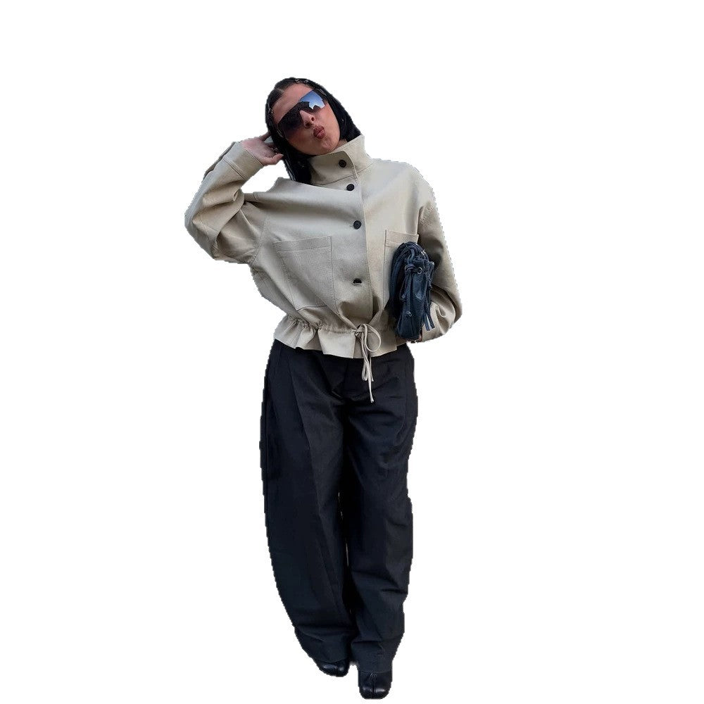 Women's Short-Cut Oversized Canvas Blouson with Stand-Up Collar Mune Fashion