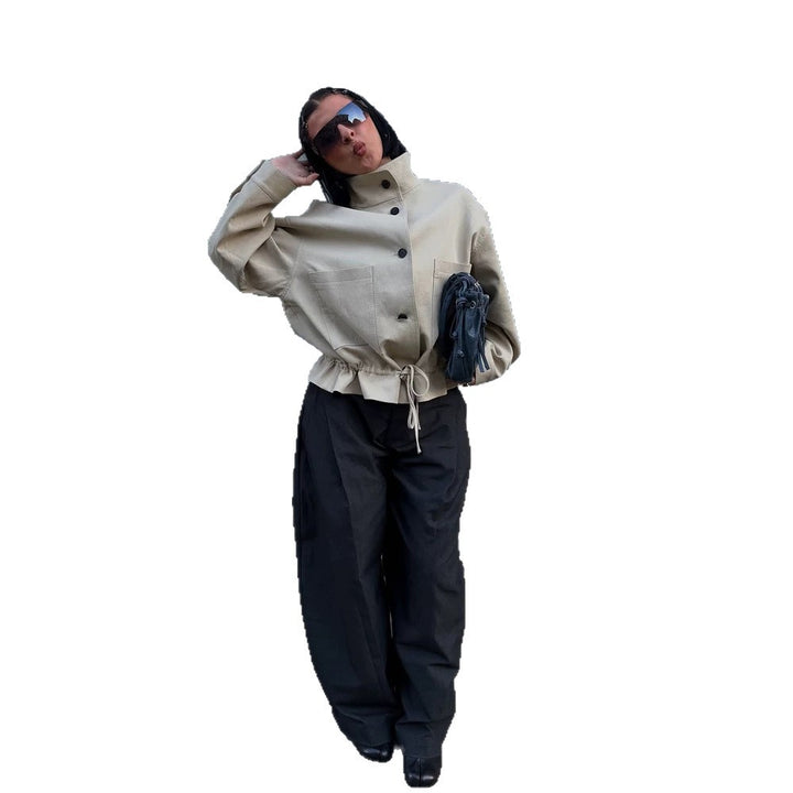 Women's Short-Cut Oversized Canvas Blouson with Stand-Up Collar Mune Fashion