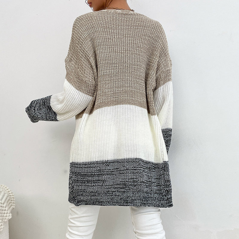 Women's Oversize Knit Cardigan with Color Block Stitch Pattern and Open Front Mune Fashion