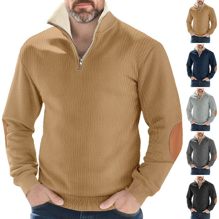 Men's structured knit half-zip pullover with warming sherpa collar and velour elbow patches Mune Fashion