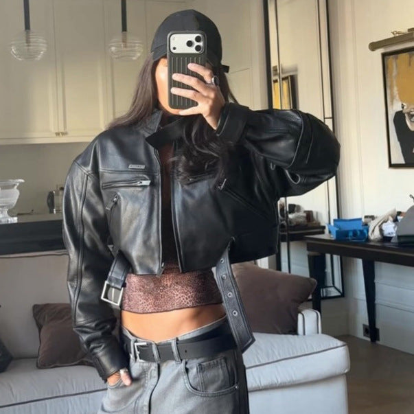 Women Cropped Boxy Biker Jacket made of vegan leather with high standing collar, zippered pockets & buckle detail Mune Fashion