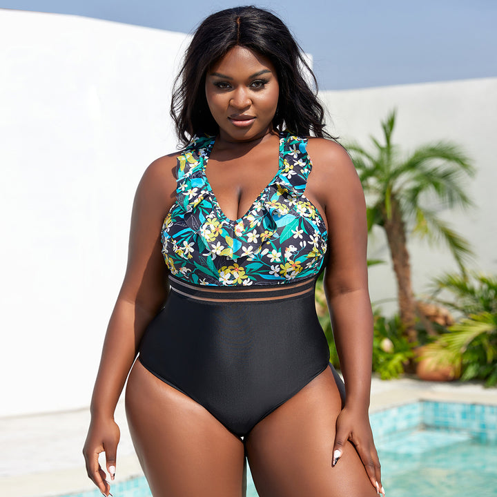 Women's High-Waisted Swimsuit with Ruffle Details and Floral Top Mune Fashion