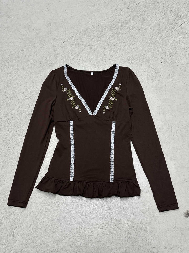 Ladies Long Sleeve V-Neck Shirt with Lace Trim, Embroidered Chest Yoke and Ruffle Hem Mune Fashion