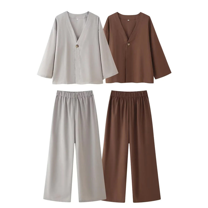 Women's casual two-piece set with V-neck blouse and wide waistband pants Mune Fashion