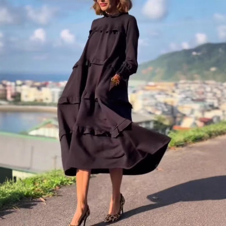 Women's nan castiges tiered midi dress with ruffled collar, gathered cuffs, and hidden side pockets Mune Fashion