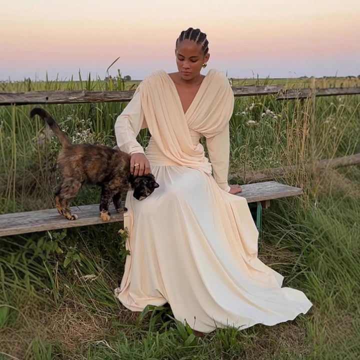Women's Elegant Wrap Maxi Dress with Deep V-Neckline and Draping Mune Fashion