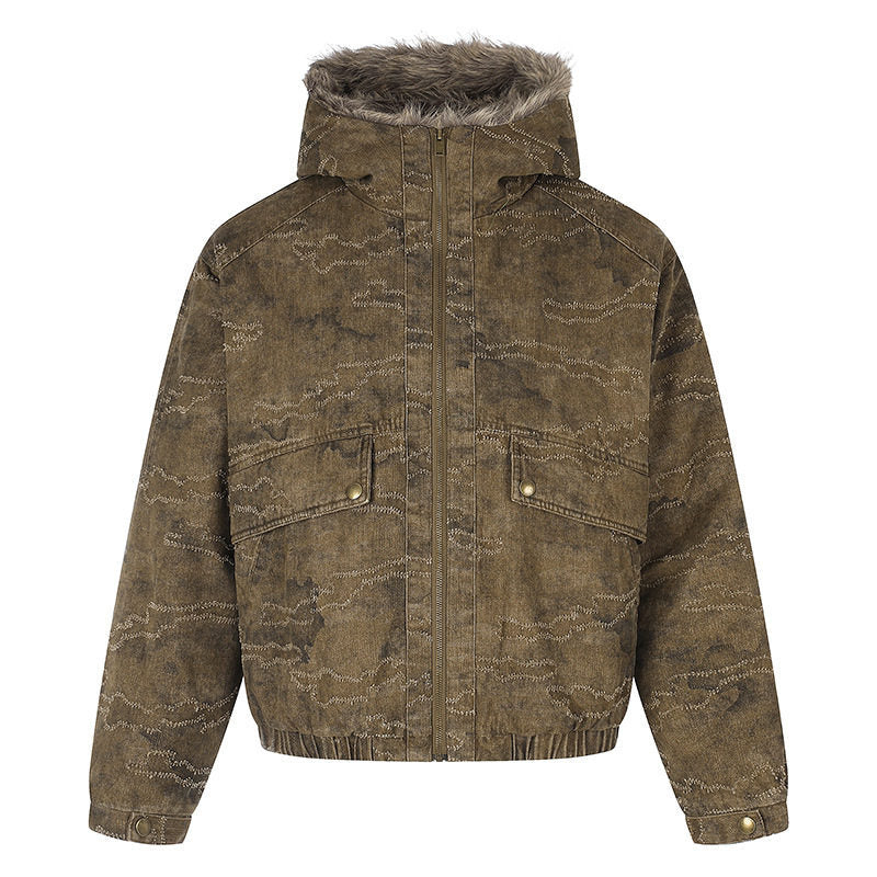 Women Padded Hooded Bomber Jacket with Faux Fur Trim, Camouflage Effect and Elastic Hem Mune Fashion