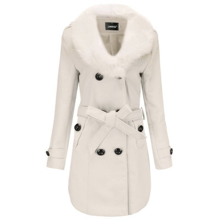 Women's midi double-breasted coat with full faux fur shawl collar and wrap belt Mune Fashion