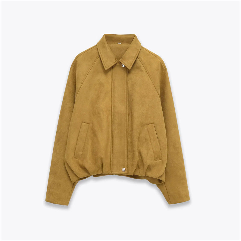 Women's cropped suede look bomber jacket with concealed zipper and tailored elastic hem Mune Fashion
