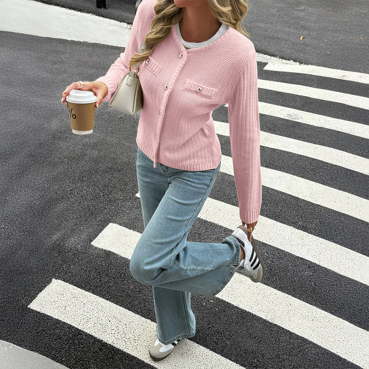 Women's nan Feiner knit cardigan with shimmering decorative buttons, ribbed hem, and breast pocket look Mune Fashion